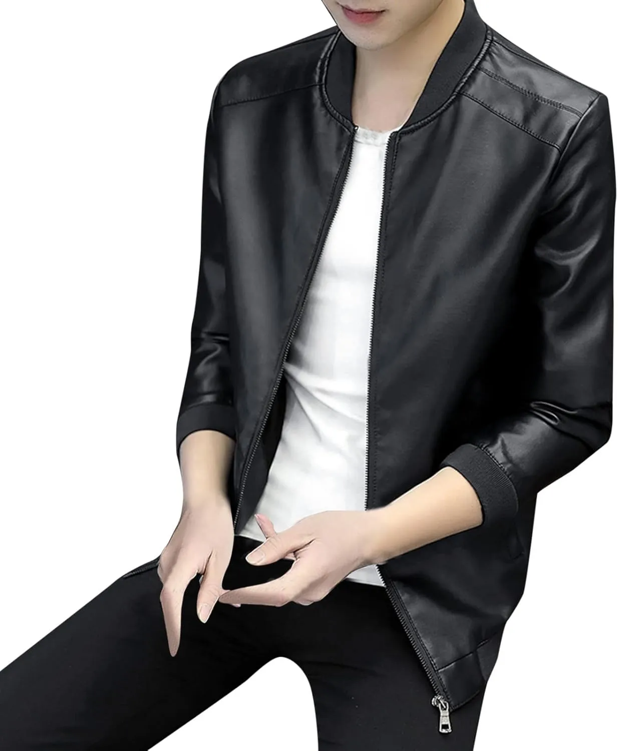 ZYXTIM Men's Faux PU Leather Jacket Casual Band Collar Motorcycle Biker Jacket Ripstop Insulated Softshell Jacket Coat