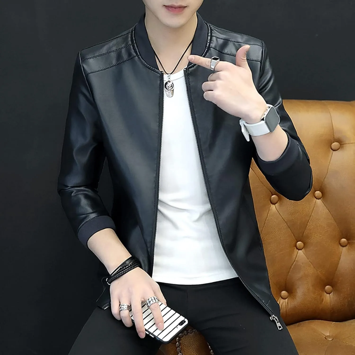 ZYXTIM Men's Faux PU Leather Jacket Casual Band Collar Motorcycle Biker Jacket Ripstop Insulated Softshell Jacket Coat