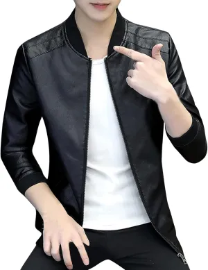 ZYXTIM Men's Faux PU Leather Jacket Casual Band Collar Motorcycle Biker Jacket Ripstop Insulated Softshell Jacket Coat